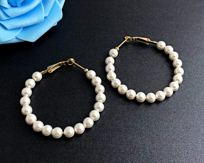 RONLLNA Pearl Hoop Earrings for Women Fashion Dangle Hypoallergenic Layer Earrings Drop Dangle Earrings Gifts for Women (45mm hoop) - Image 3